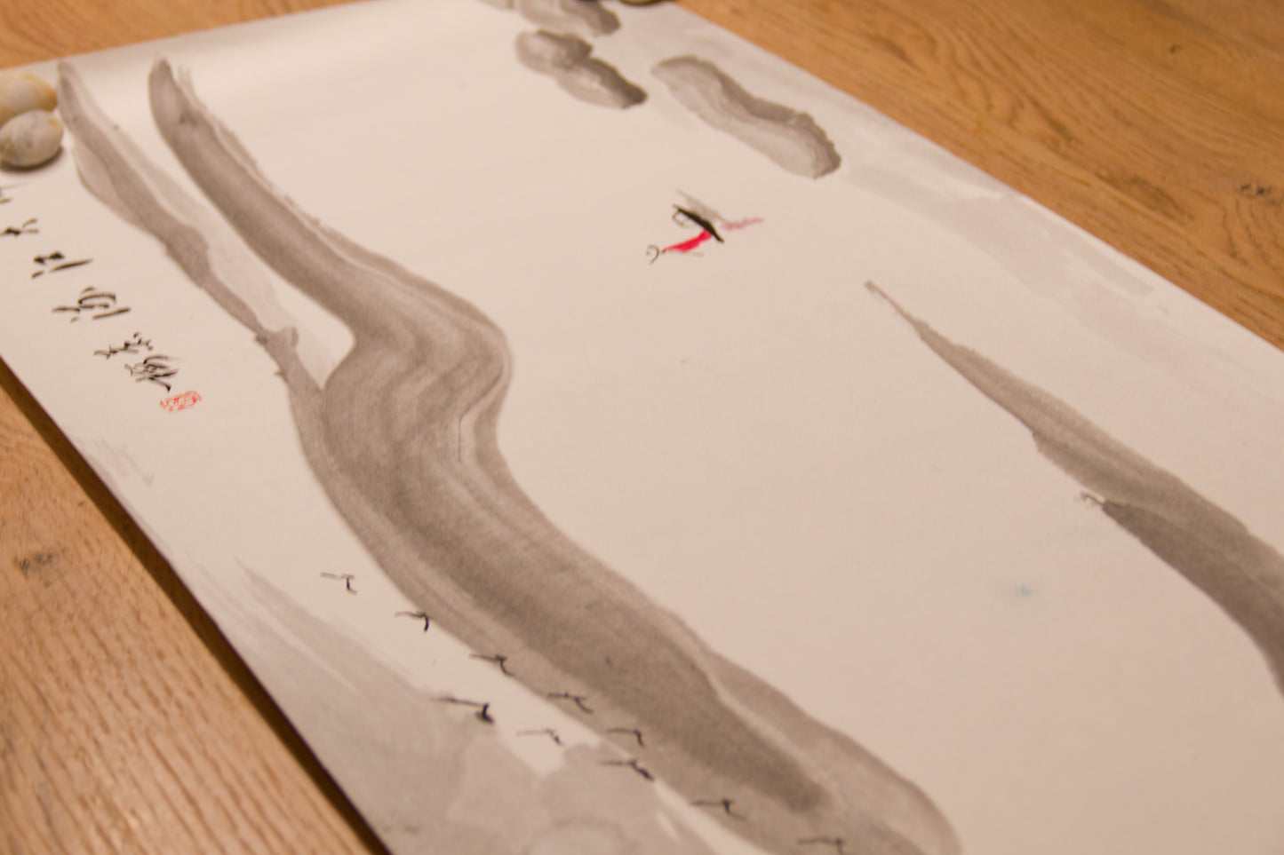 Ink Brushwork Lanscape, Traditional "shan shui" (mountains and water) aesthetic, Natural pigments, Poetics, Calligraphy signature, Carefree