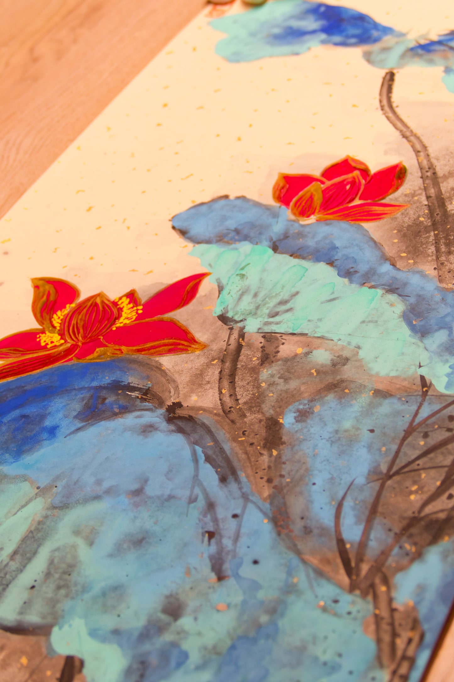 Ink-Splashed Lakeside Landscape, Ink brushwork, Natural mineral pigments, Vivid water lilies, Glowing lily pads, Waterside, Signature