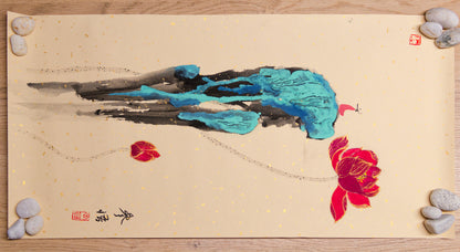 Ink-Splashed Landscape, Meditation Lotus Bloom - Spiritual enlightenment, Glowing blue