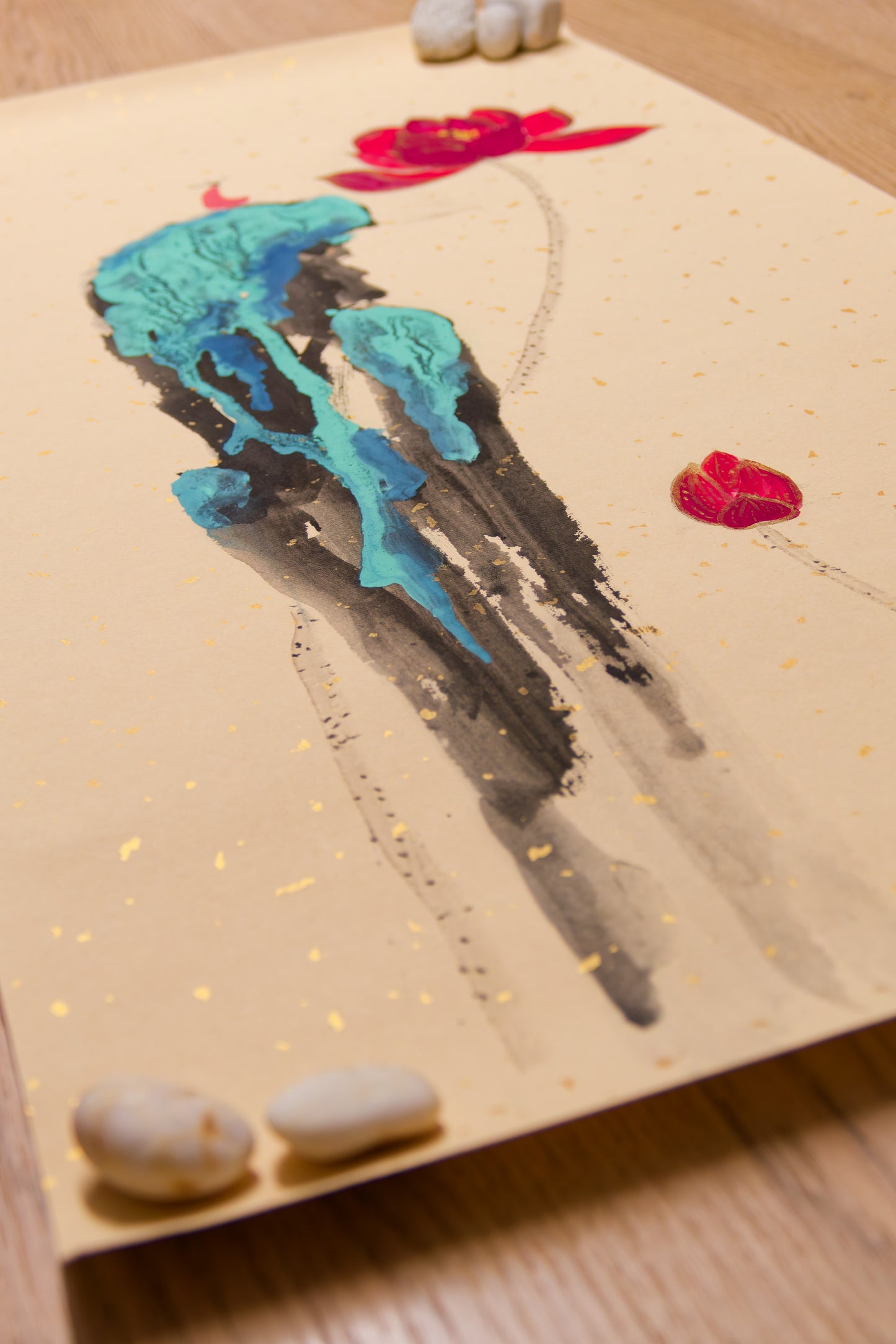 Ink-Splashed Landscape, Meditation Lotus Bloom - Spiritual enlightenment, Glowing blue