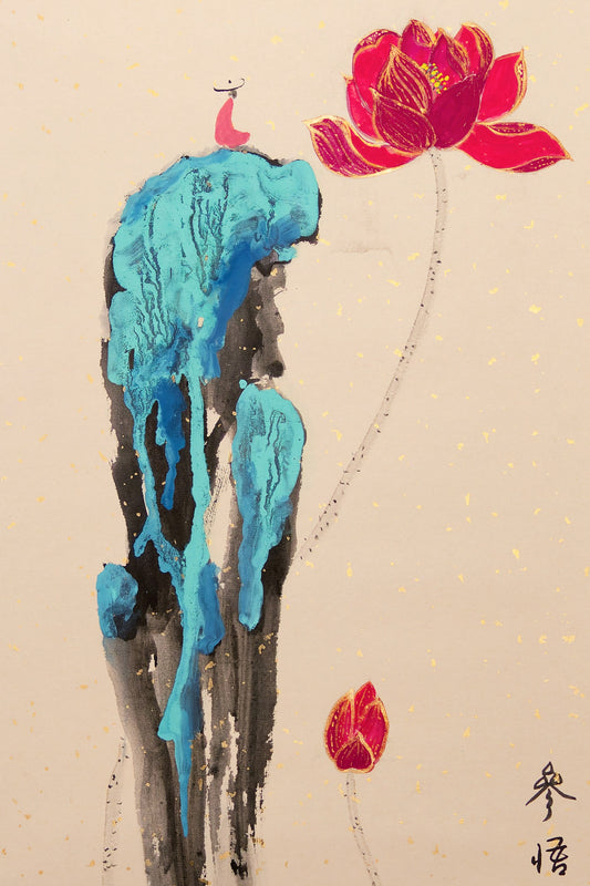 Ink-Splashed Landscape, Meditation Lotus Bloom - Spiritual enlightenment, Glowing blue