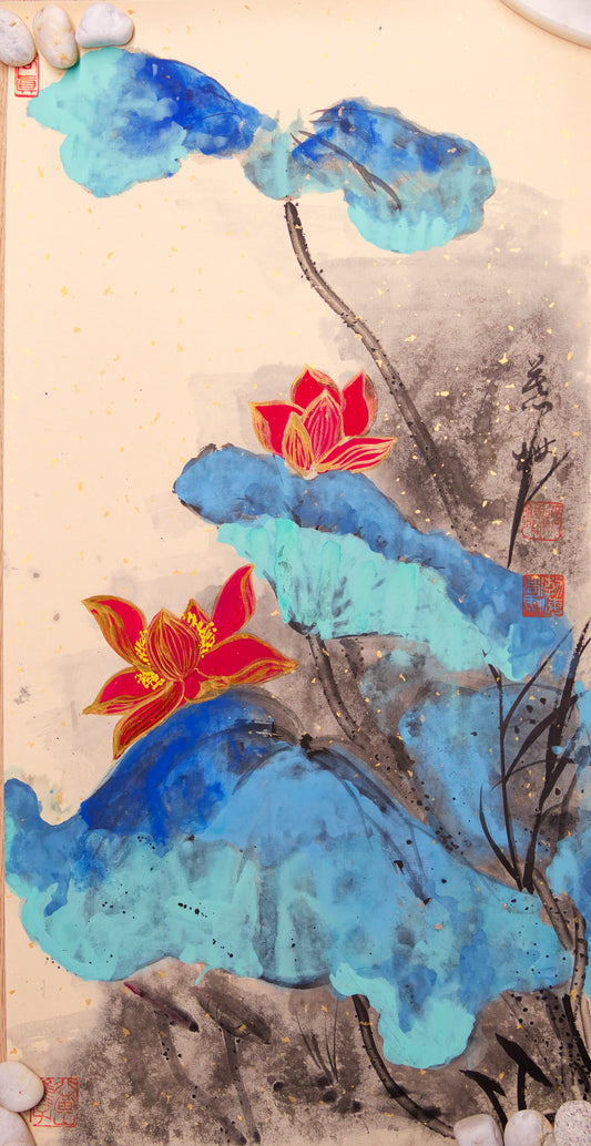 Ink-Splashed Lakeside Landscape, Ink brushwork, Natural mineral pigments, Vivid water lilies, Glowing lily pads, Waterside, Signature