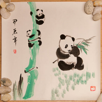 Ink brushwork, Traditional painting, Calligraphy, Natural pigments, Childlike innocence and joy, for Panda lovers, Bamboo, Personalized gift