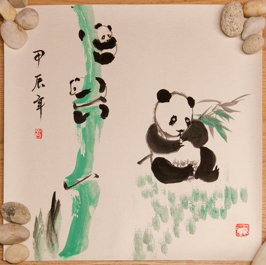 Ink brushwork, Traditional painting, Calligraphy, Natural pigments, Childlike innocence and joy, for Panda lovers, Bamboo, Personalized gift